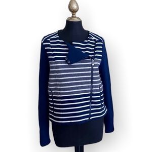 Lou & Grey Jacket Blazer Striped Zip Up Asymmetrical Blue Grey Size Medium